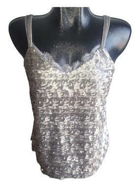 Cupio Silver Sequin Lace Trim Camisole Tank Top Size M